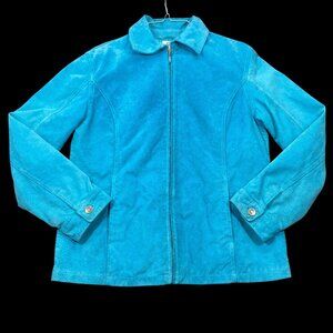 Chicos Teal Blue 100% Leather Jacket Womens Size 1 With Zip Front & Button Cuffs